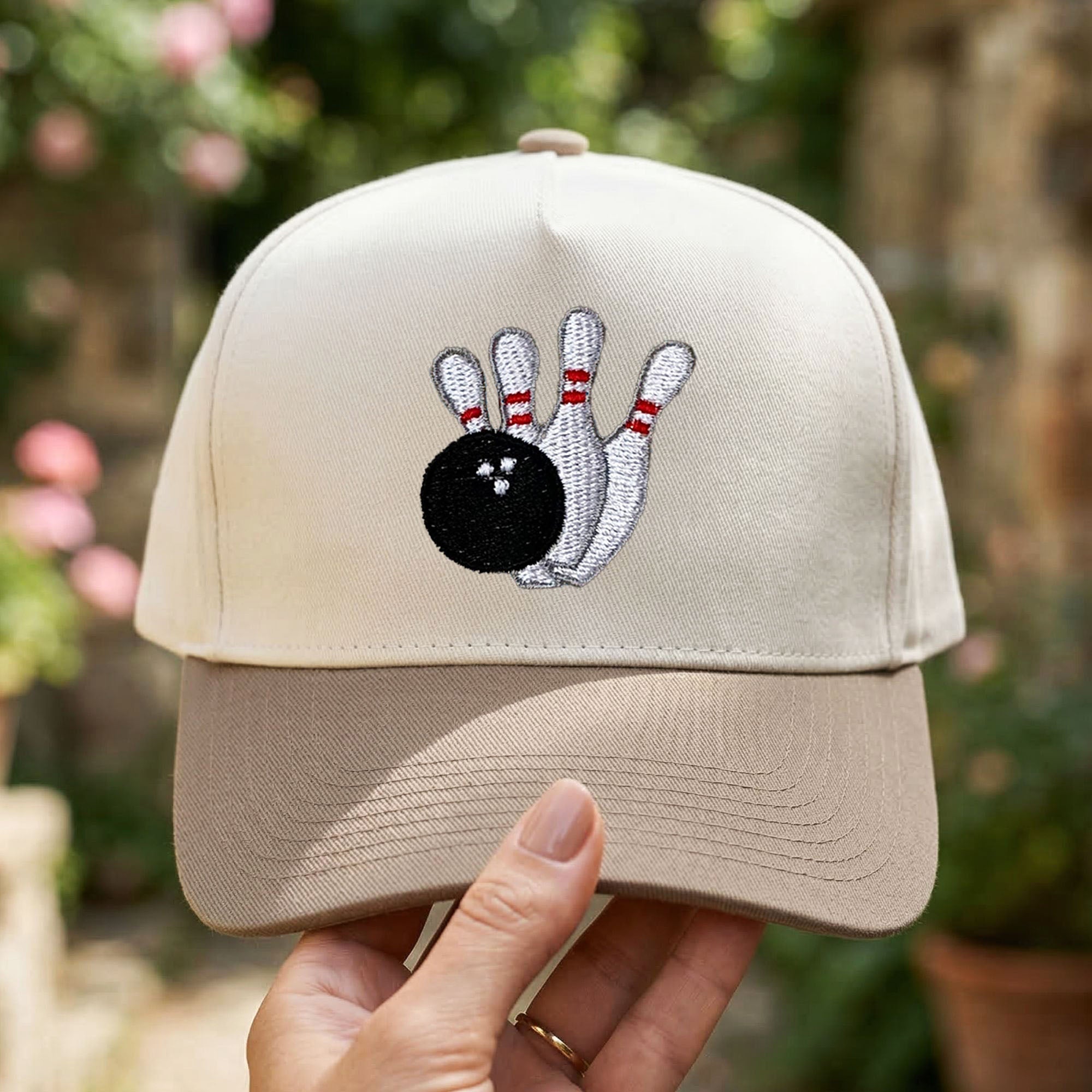 Custom Embroidered Bowling Pins and Ball Snapback Hat