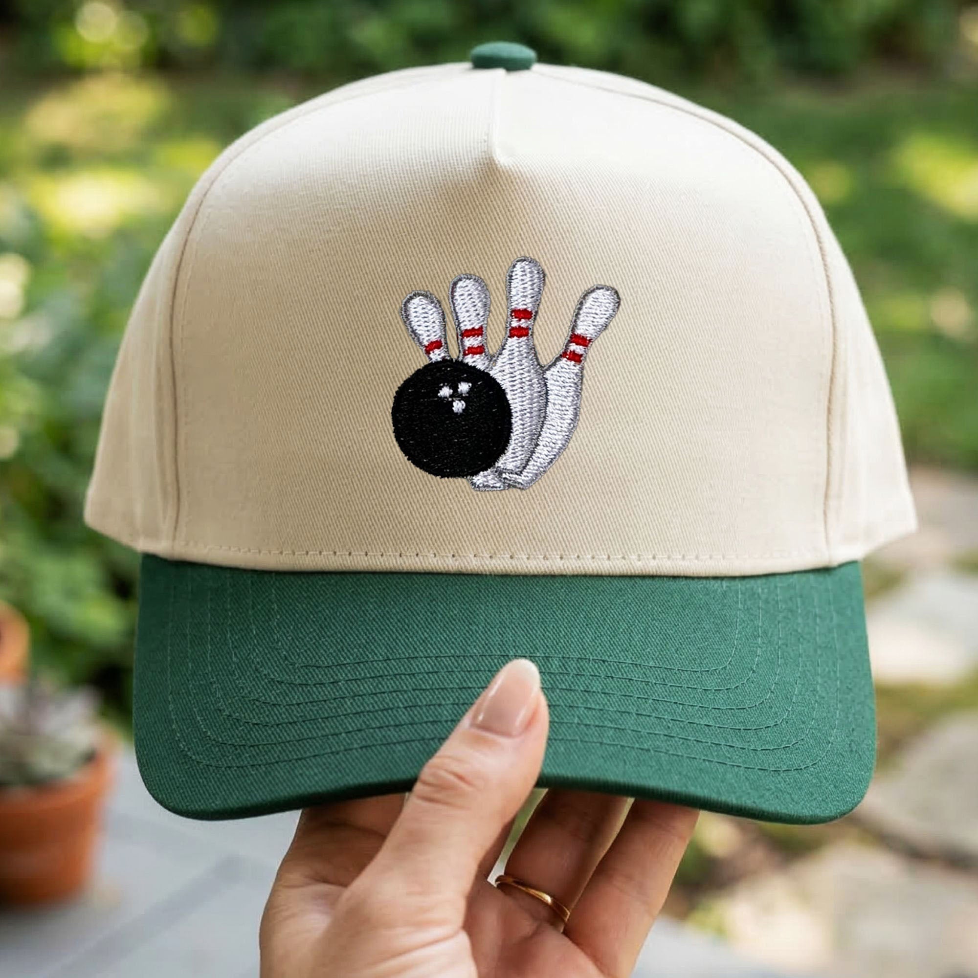 Custom Embroidered Bowling Pins and Ball Snapback Hat