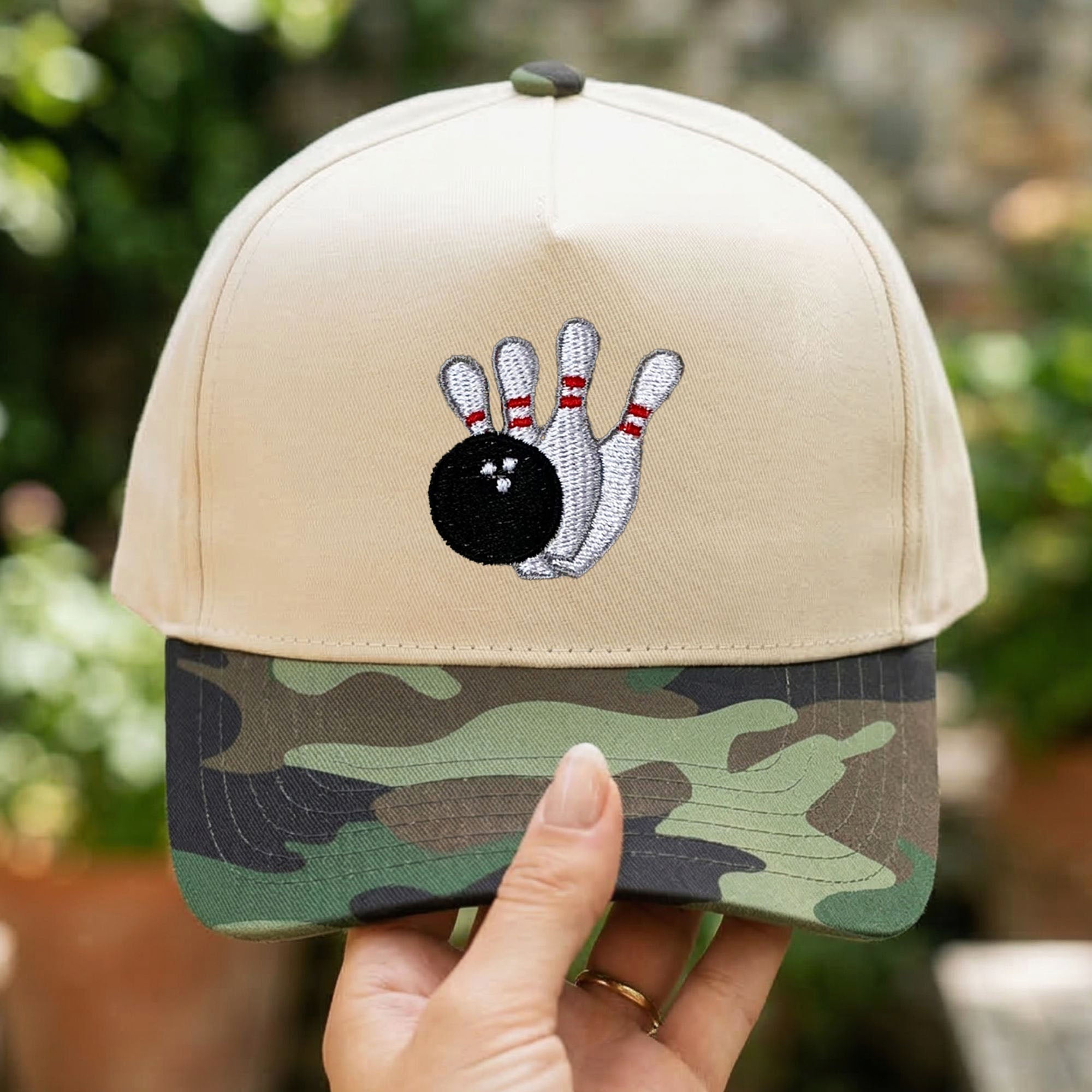Custom Embroidered Bowling Pins and Ball Snapback Hat