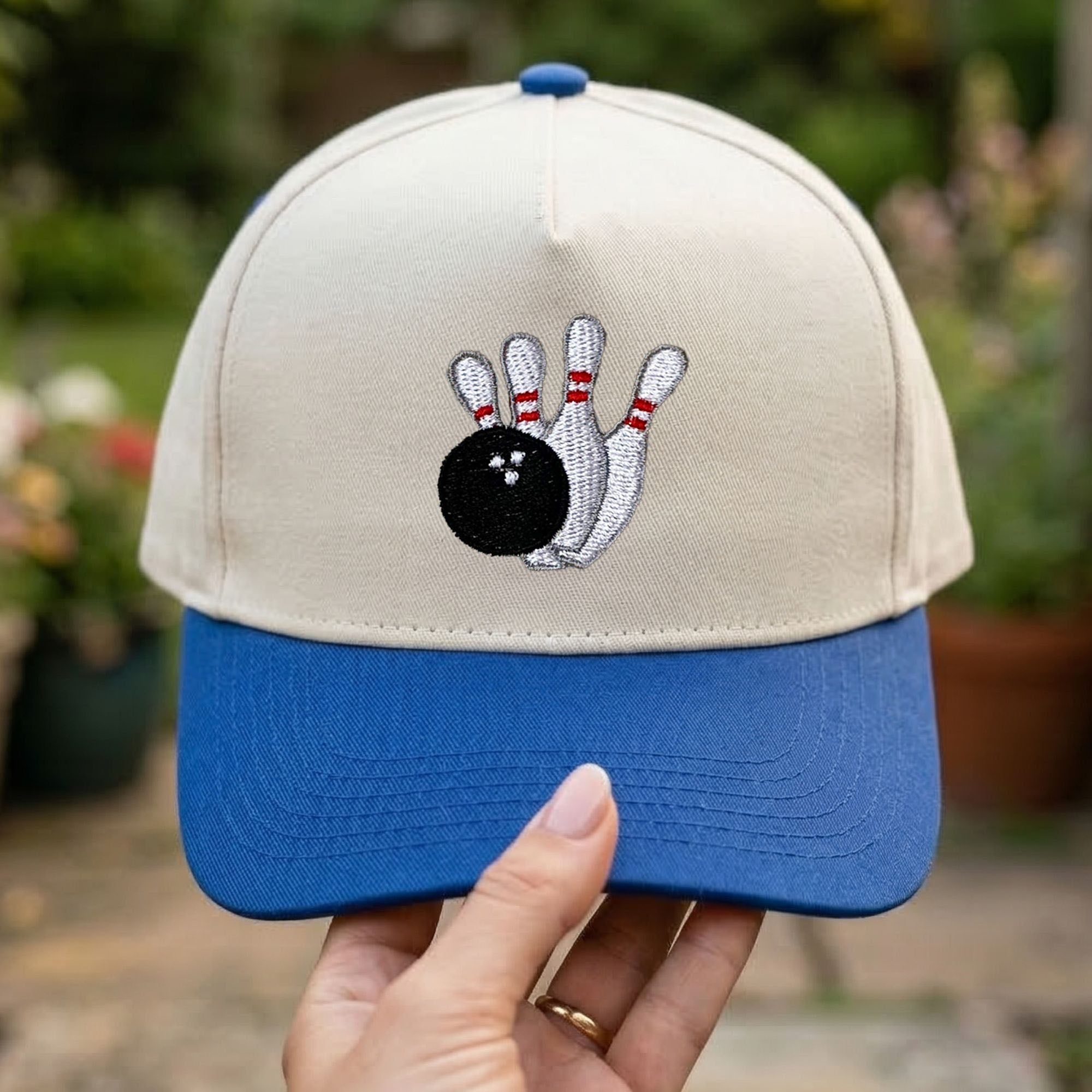 Custom Embroidered Bowling Pins and Ball Snapback Hat