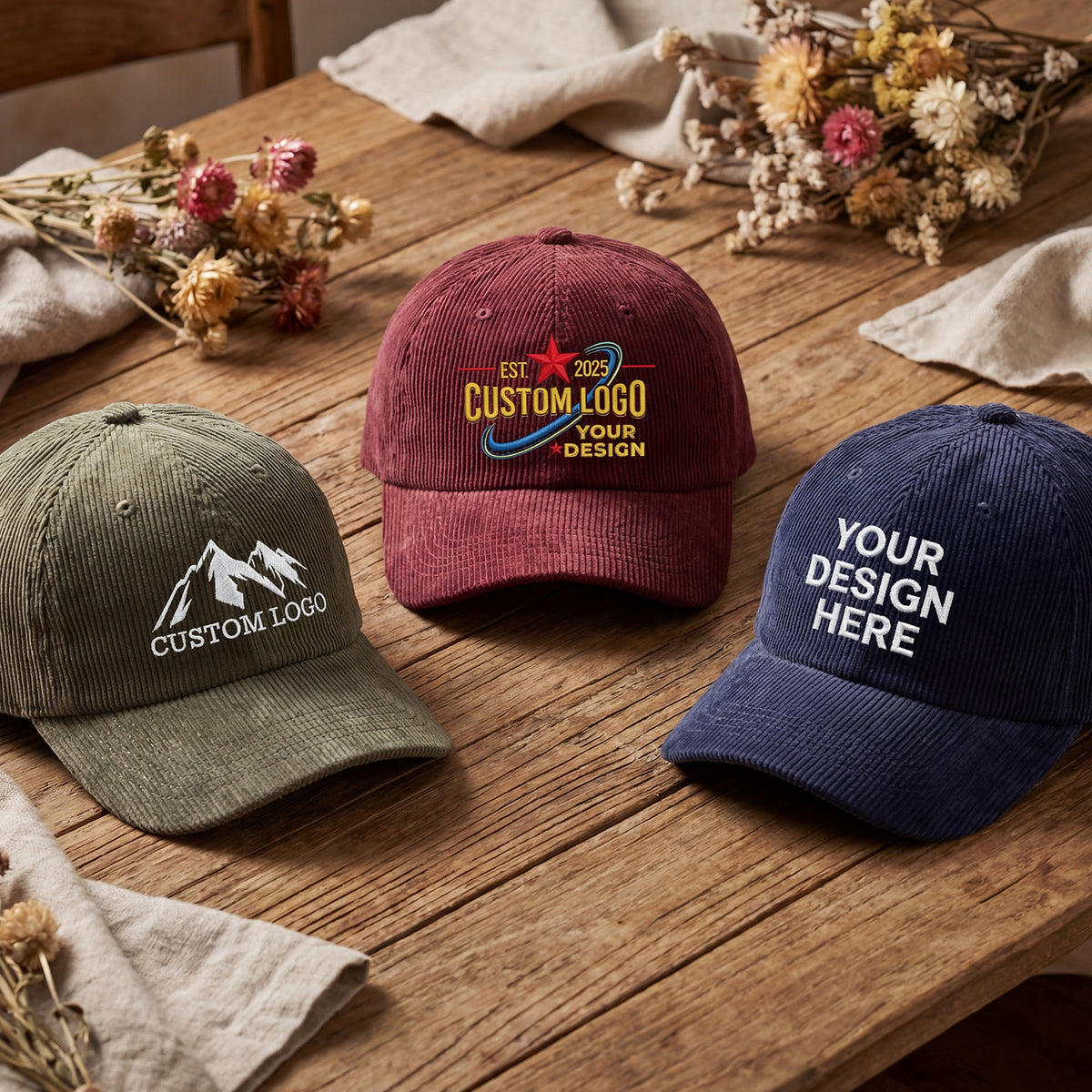 Custom Embroidered Corduroy Hat – Handwritten Text Cap