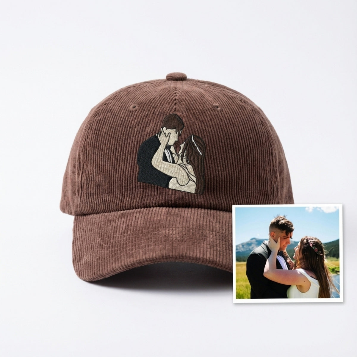Custom Embroidered Couple Hat from Photo – Custom Personalized Photo Hat | Couples Gift & Keepsake