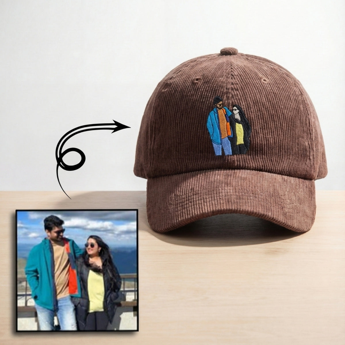 Custom Embroidered Couple Hat from Photo – Custom Personalized Photo Hat | Couples Gift & Keepsake