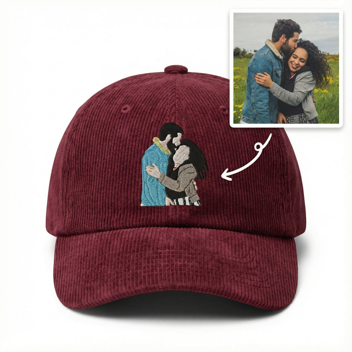 Custom Embroidered Couple Hat from Photo – Custom Personalized Photo Hat | Couples Gift & Keepsake