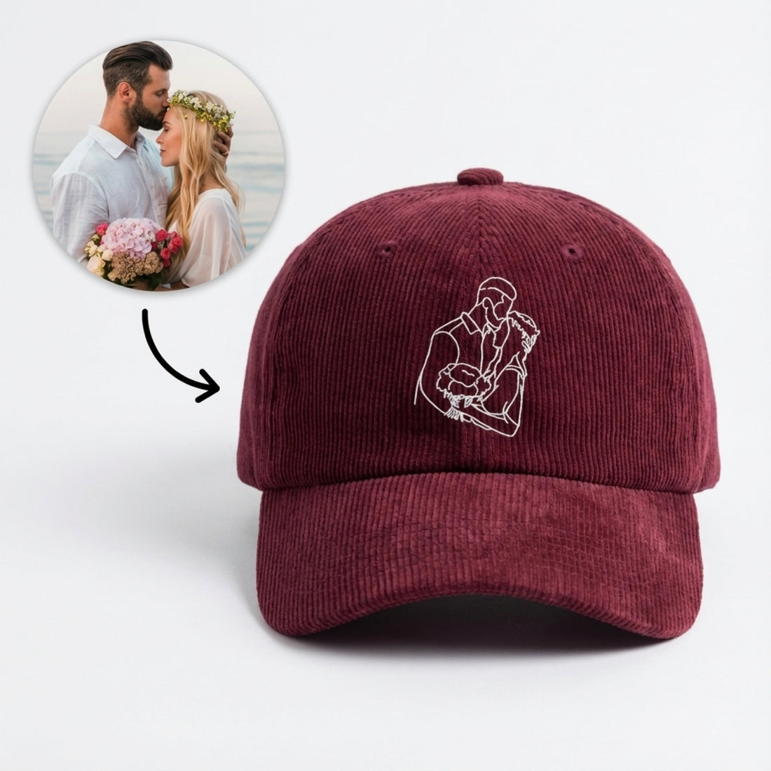 Custom Embroidered Couple Line Art Hat – Personalized Photo Hat | Anniversary Gift for Couples
