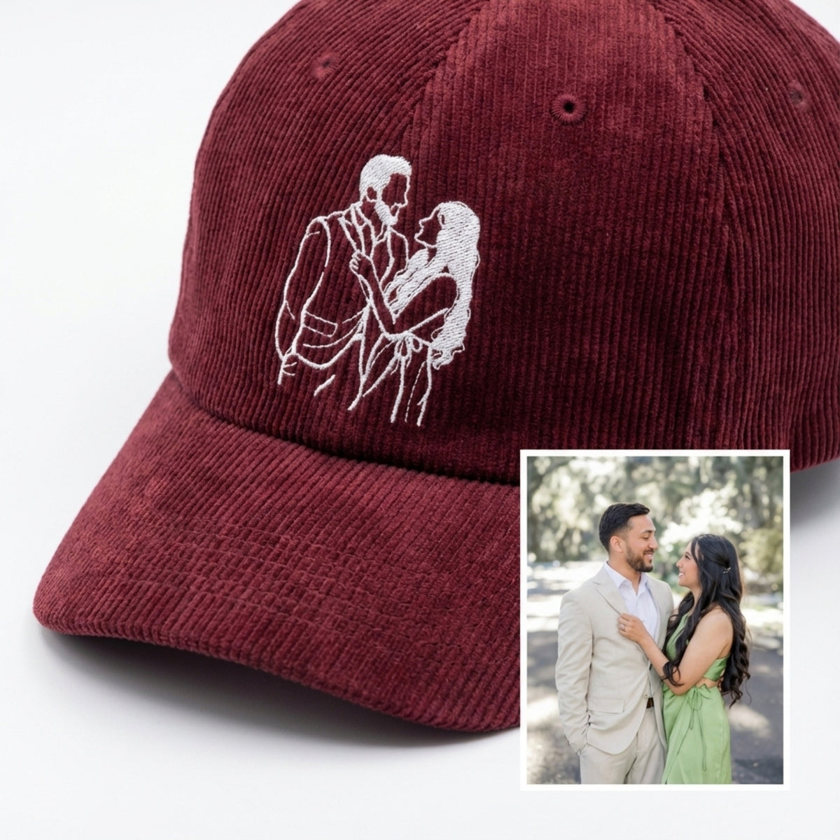 Custom Embroidered Couple Outline Portrait Hat – Personalized Photo Cap | Gift for Couples