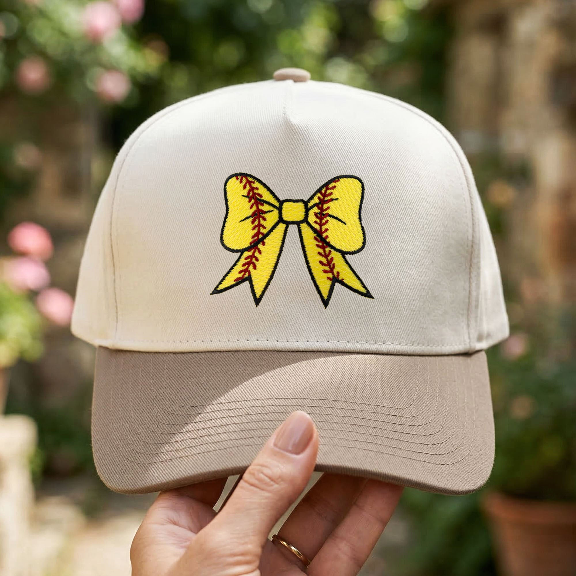 Custom Embroidered Softball Bow Coquette Patch Foam Snapback Hat
