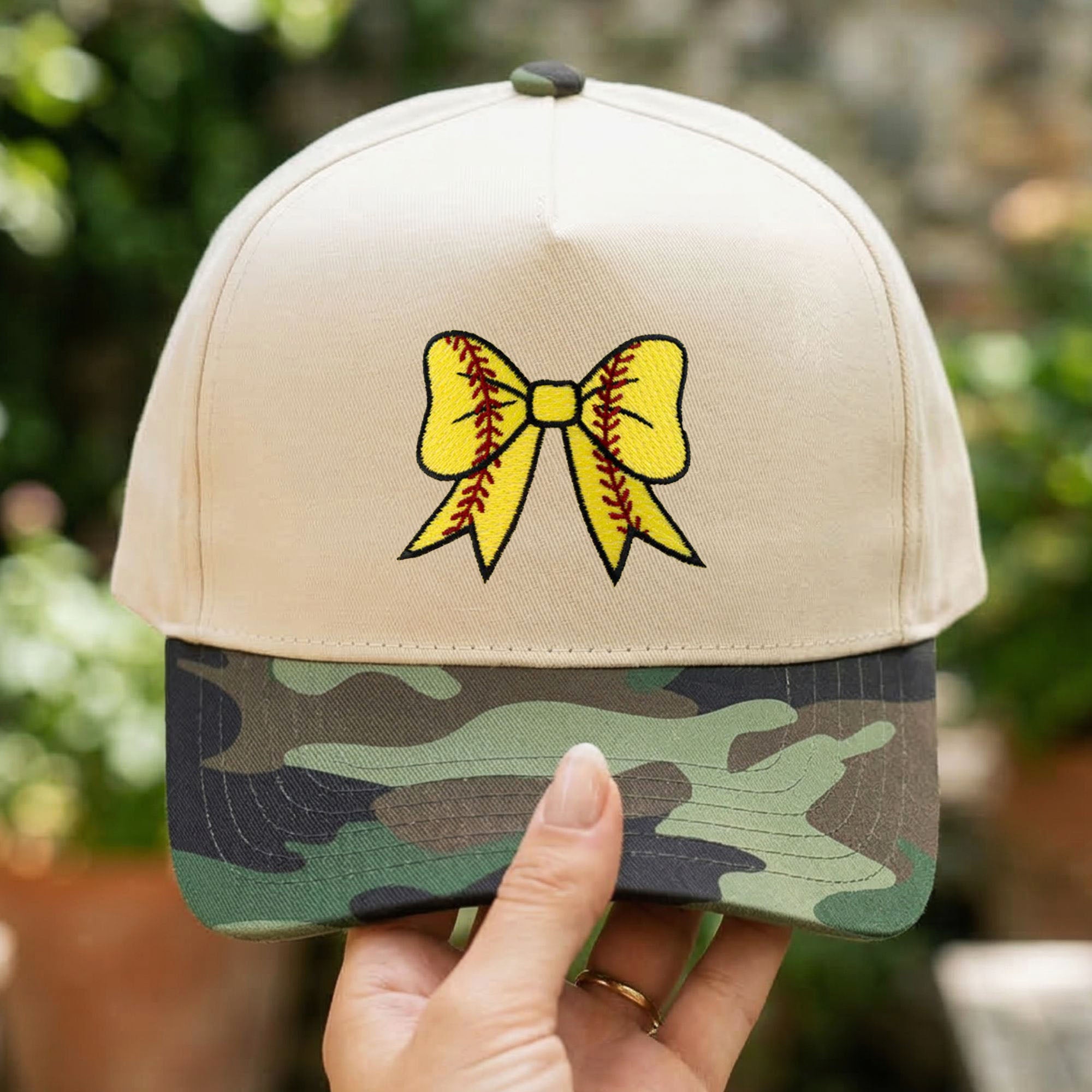 Custom Embroidered Softball Bow Coquette Patch Foam Snapback Hat
