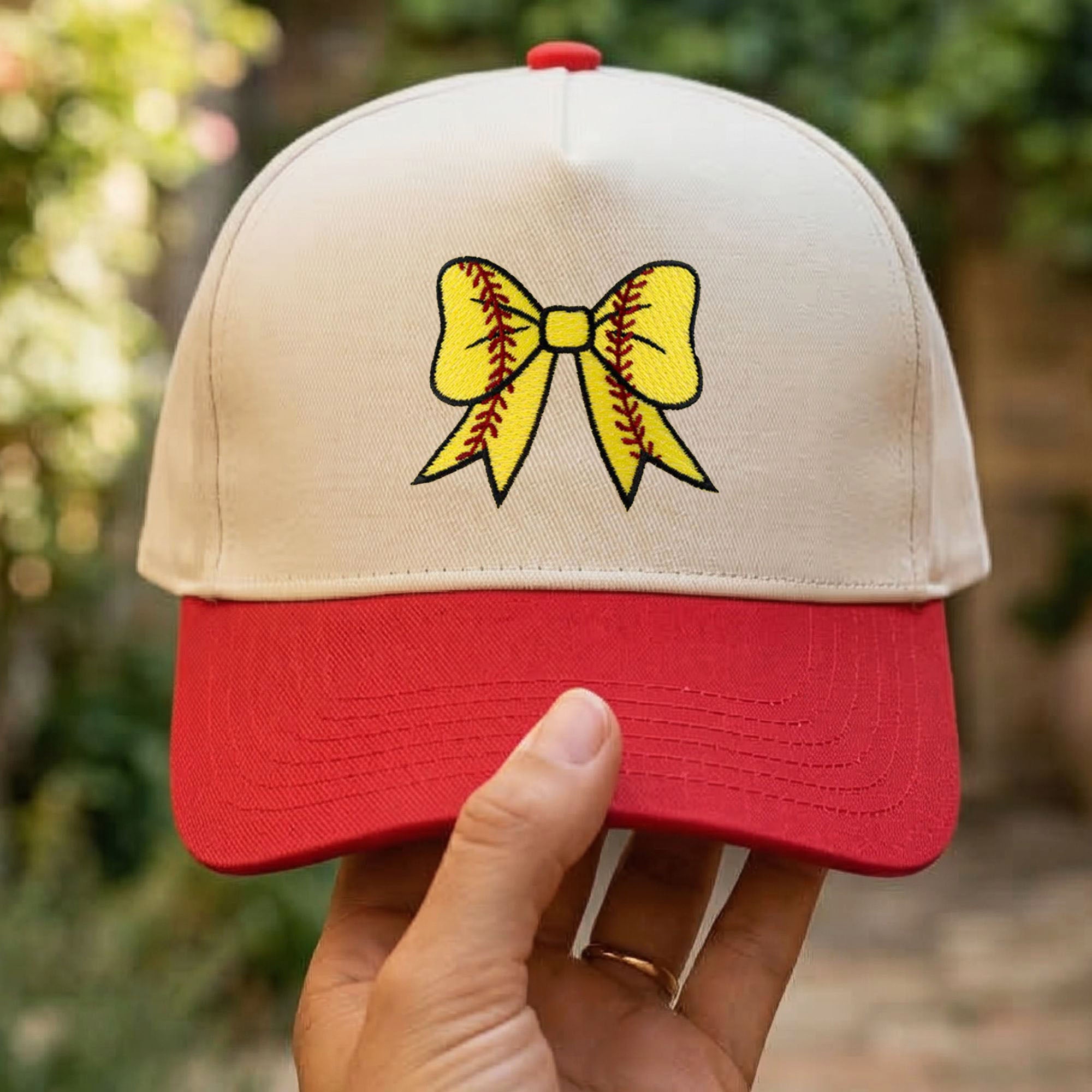 Custom Embroidered Softball Bow Coquette Patch Foam Snapback Hat