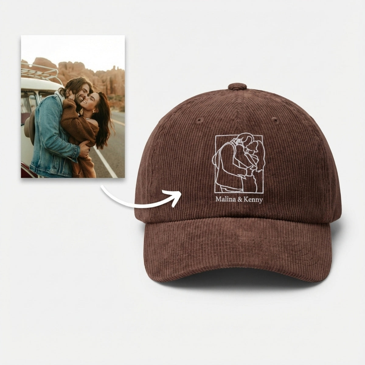 Custom Outline Corduroy Hat – Personalized Couple Embroidered Hat - Memorial & Keepsake Gift
