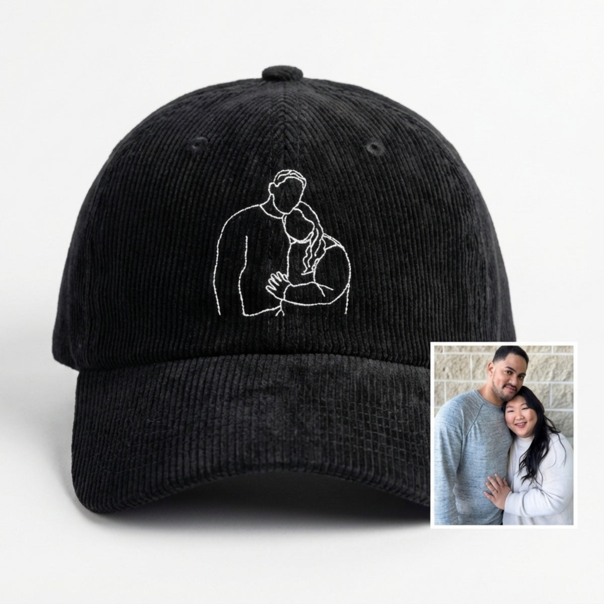 Custom Outline Corduroy Hat – Personalized Couple Embroidered Hat - Memorial & Keepsake Gift