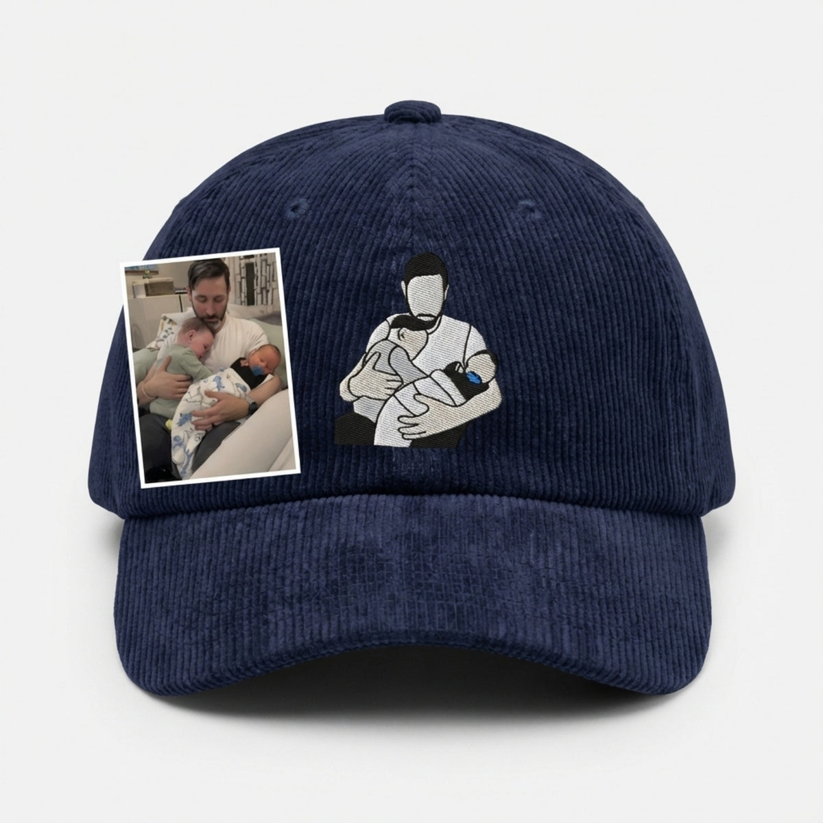 Custom Portrait Corduroy Hat from Your Photo – Personalized Embroidered Family Hat | Gift for Dad & Him