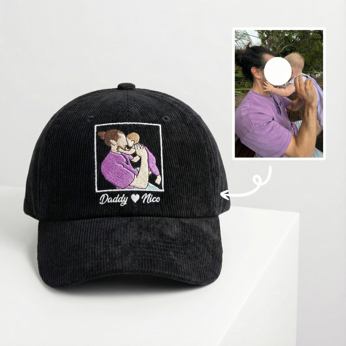 Custom Portrait Corduroy Hat from Your Photo – Personalized Embroidered Family Hat | Gift for Dad & Him