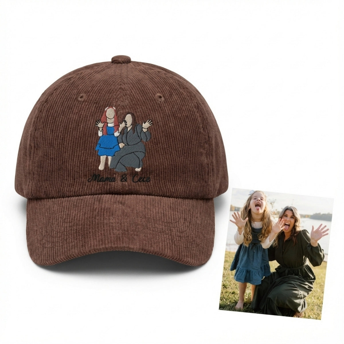 Custom Portrait Corduroy Hat from Your Photo – Personalized Embroidered Family Hat | Gift for Dad & Him