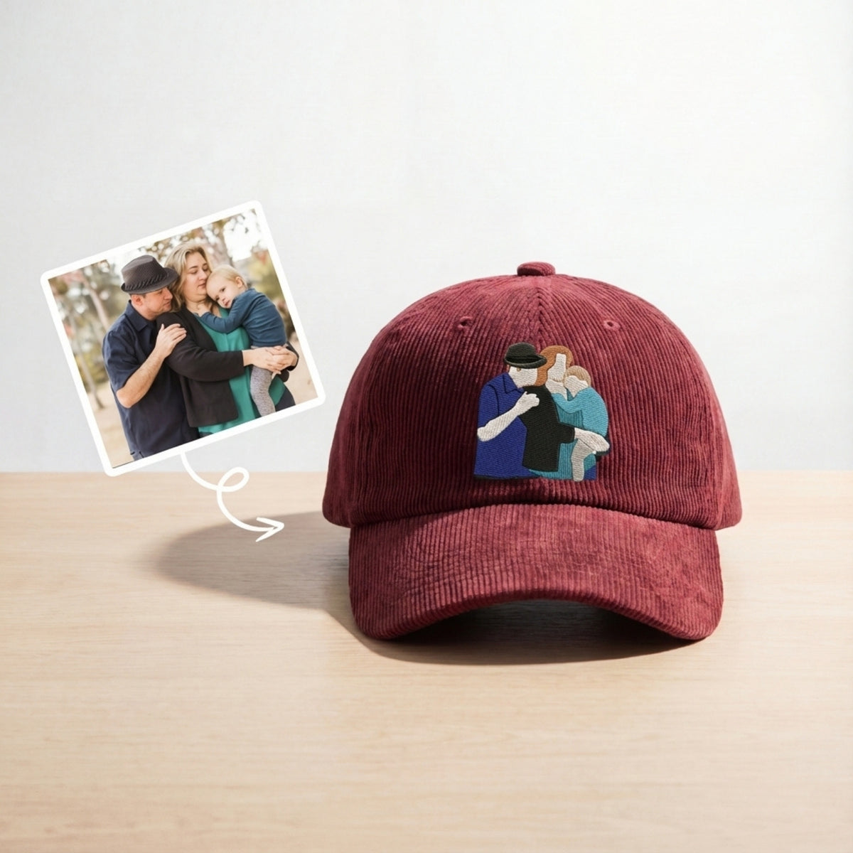 Custom Portrait Corduroy Hat from Your Photo – Personalized Embroidered Family Hat | Gift for Dad & Him
