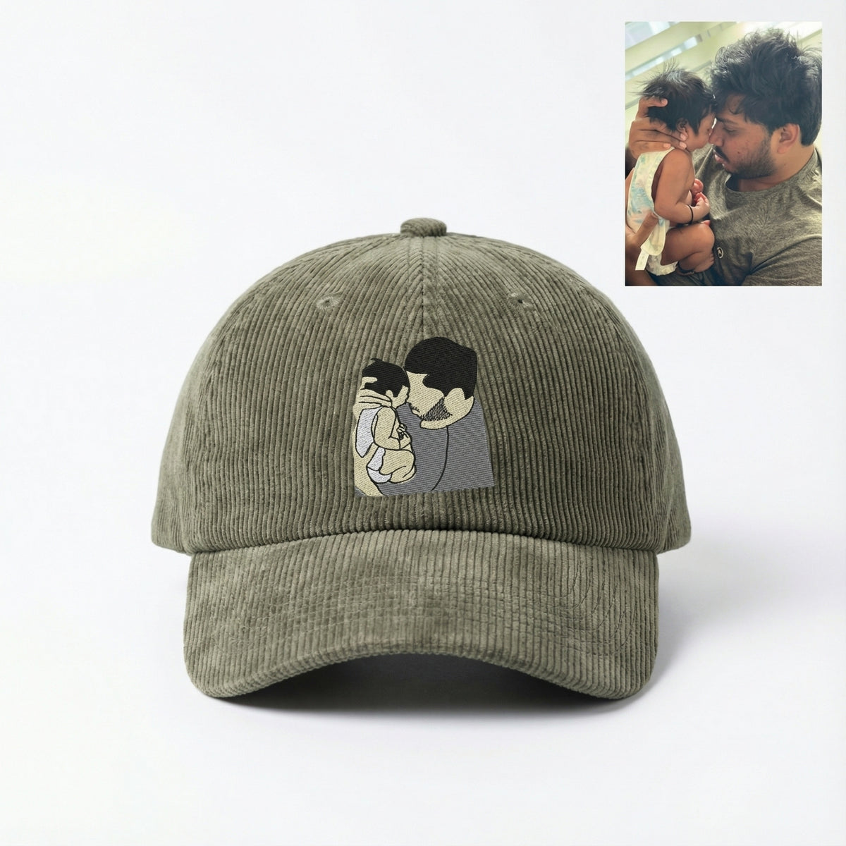 Custom Portrait Corduroy Hat from Your Photo – Personalized Embroidered Family Hat | Gift for Dad & Him
