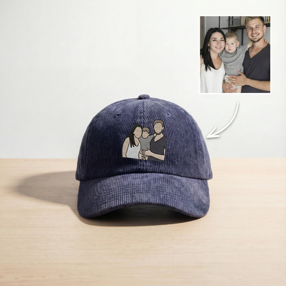 Custom Portrait Corduroy Hat from Your Photo – Personalized Embroidered Family Hat | Gift for Dad & Him