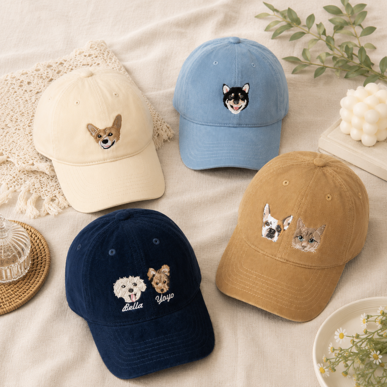 Personalized Pet Embroidered Hat With Custom Cat or Dog Portrait
