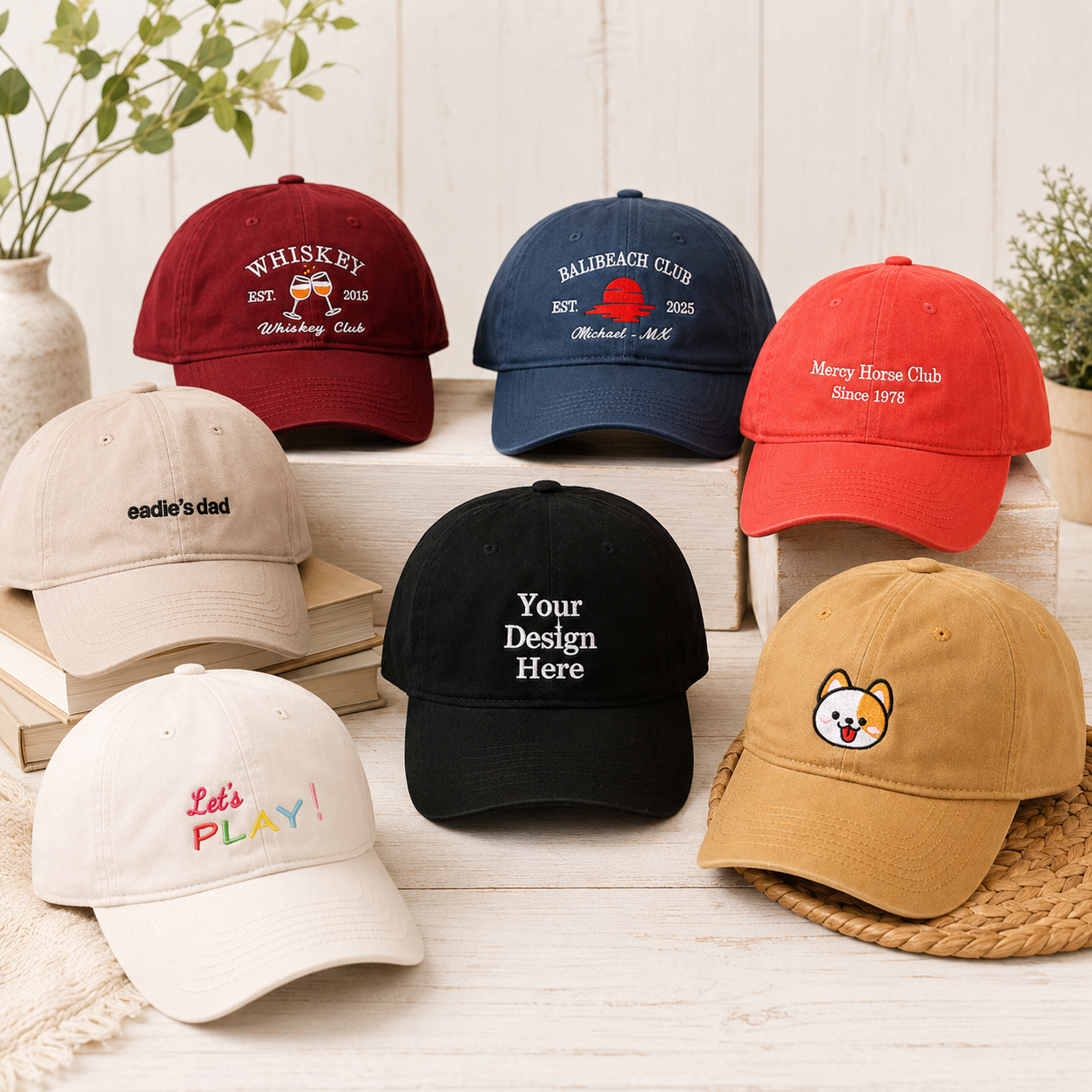 Vintage Baseball Cap With Custom Text or Logo Embroidery