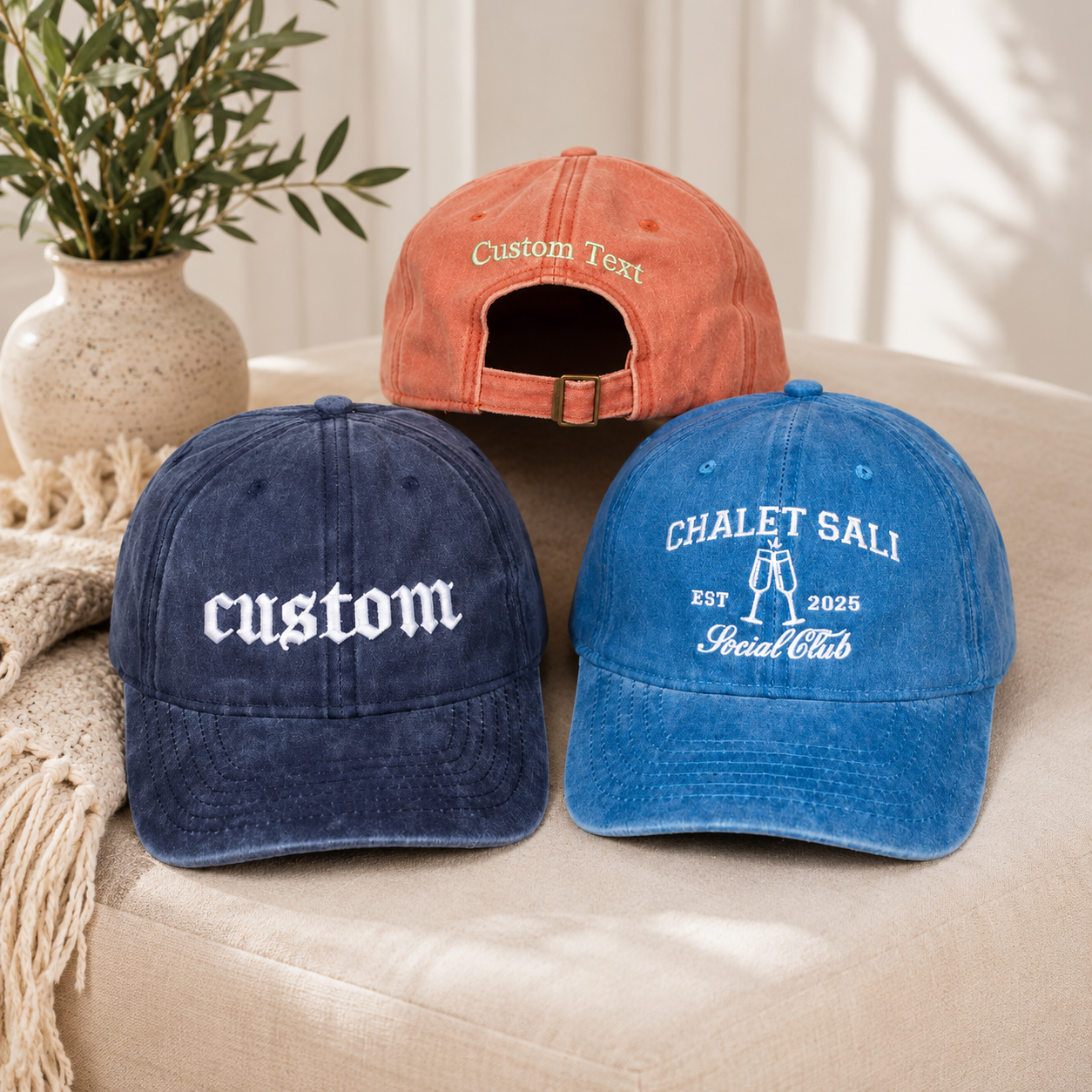 Vintage Baseball Cap With Custom Text or Logo Embroidery
