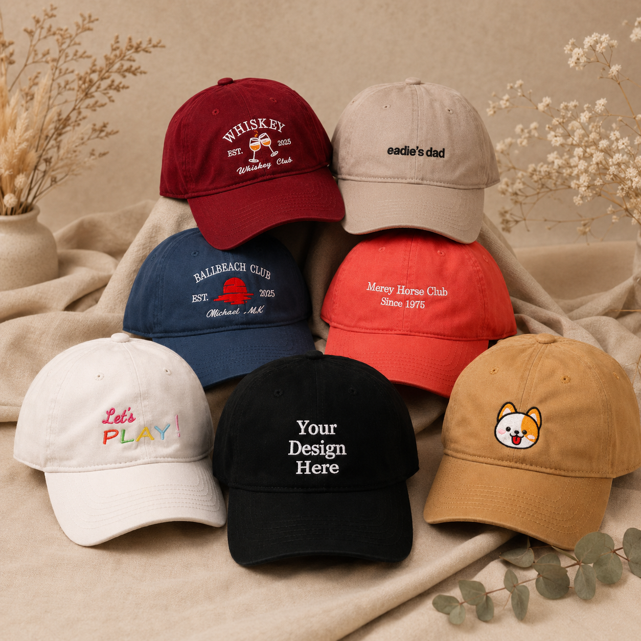 Vintage Baseball Cap With Custom Text or Logo Embroidery